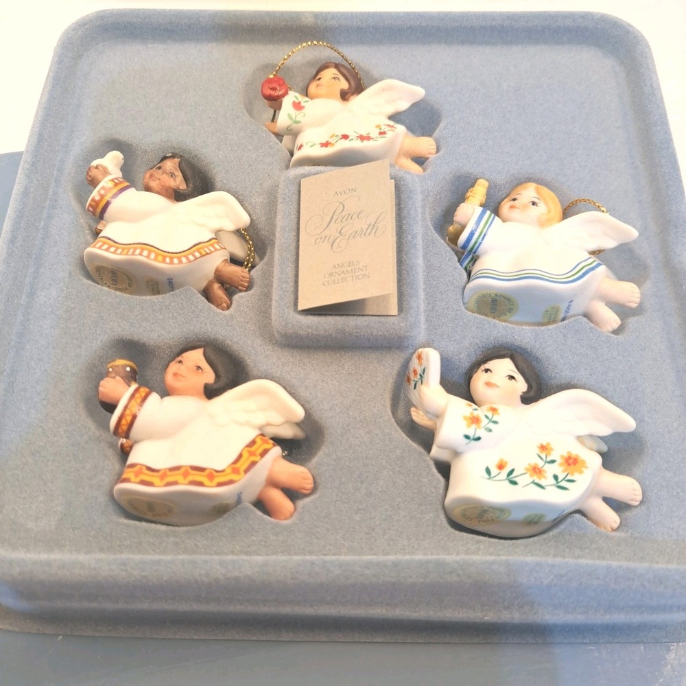 Avon Vintage (1983) Peace on Earth Angel Ornament Set of 5 Porcelain Angels Box